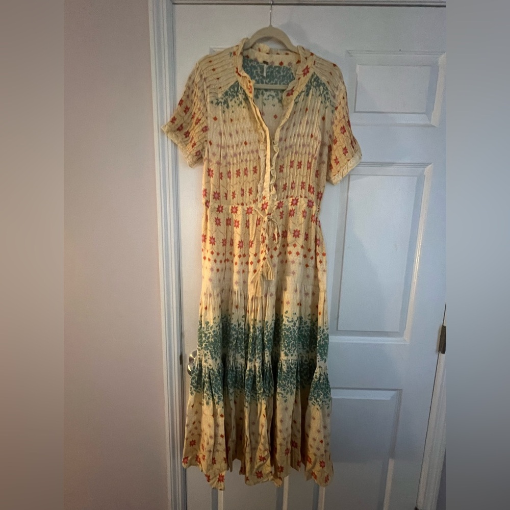Free People Cream Bohemian Floral Midi Dress with Green and Red Accent
